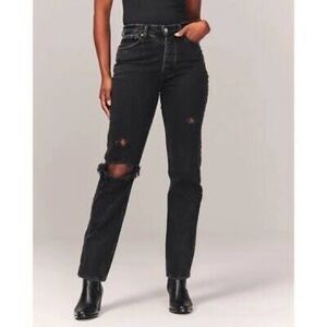 Abercrombie and Fitch Curve Love The Dad High Rise Jeans Short Black Distressed